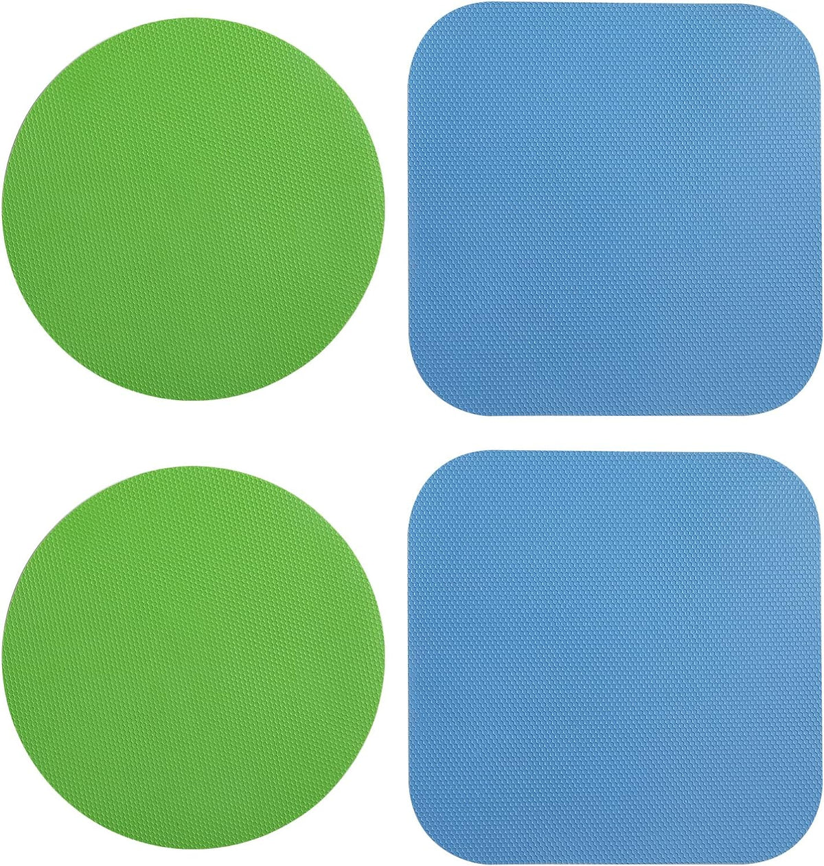 set of 4 rubber gripper pads in two shapes: 5x5 inch square and 4.92 inch diameter round