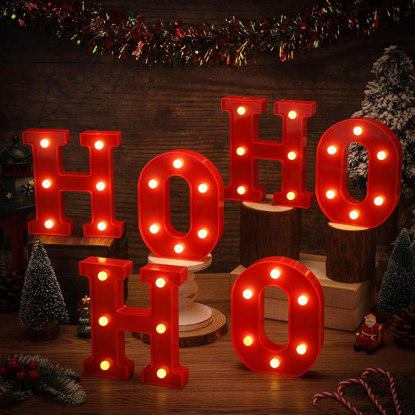 set of 6 individual led letters (3 h and 3 o in the hohoho version) in red