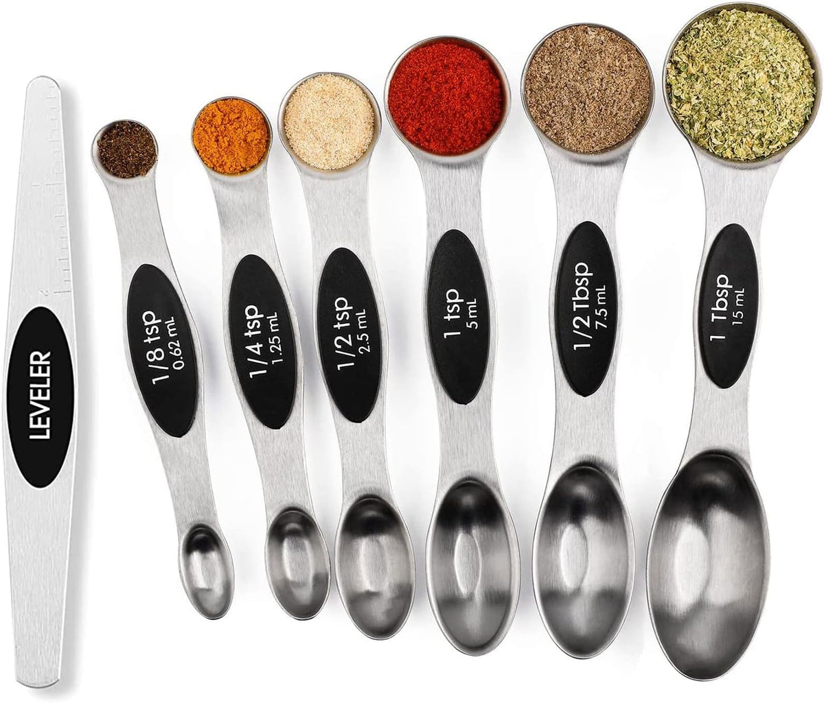 seven-piece double-headed measuring set covering 1/8 tsp to 1 tbsp