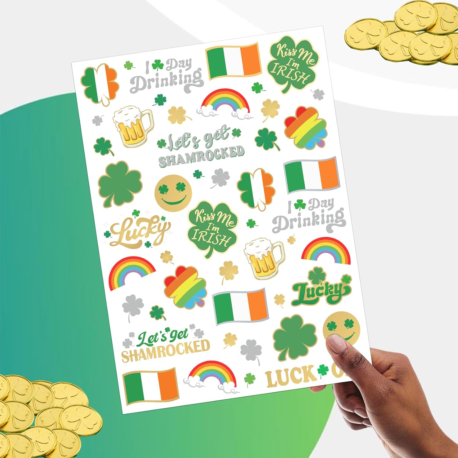 sheet size of 8.25" x 6" with designs including rainbows, four-leaf clovers, irish flag, and 'kiss me i'm irish'