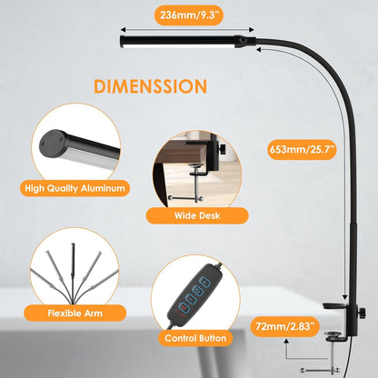 ShineTech LED Clip Desk Lamp – Workstation Light for Long Screen Hours Without Eye Strain, 9 Brightness Levels, Black