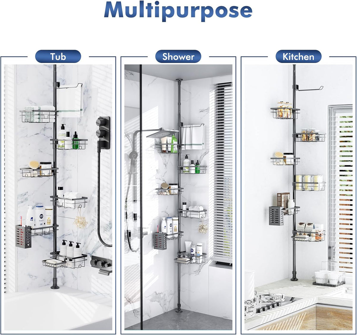 Shower Caddy Organizer Tension Pole – Lock Joint Tension Pole Caddy Engineered to Stay Secure Even in Steamy Family Showers