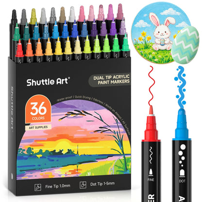 Shuttle Art 36 Colors Dual Tip Acrylic Paint Markers, Dot Tip and Fine Tip Acrylic Paint Pens for Rock, Ceramic, Wood, Canvas, Plastic, Glass, Stone, Calligraphy, Card Making, Crafts &amp;amp; Nail Art