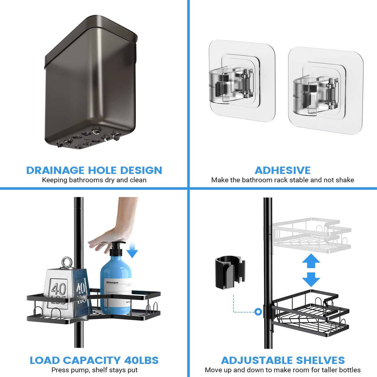 side hooks, soap holders and accessory storage for razors and small items