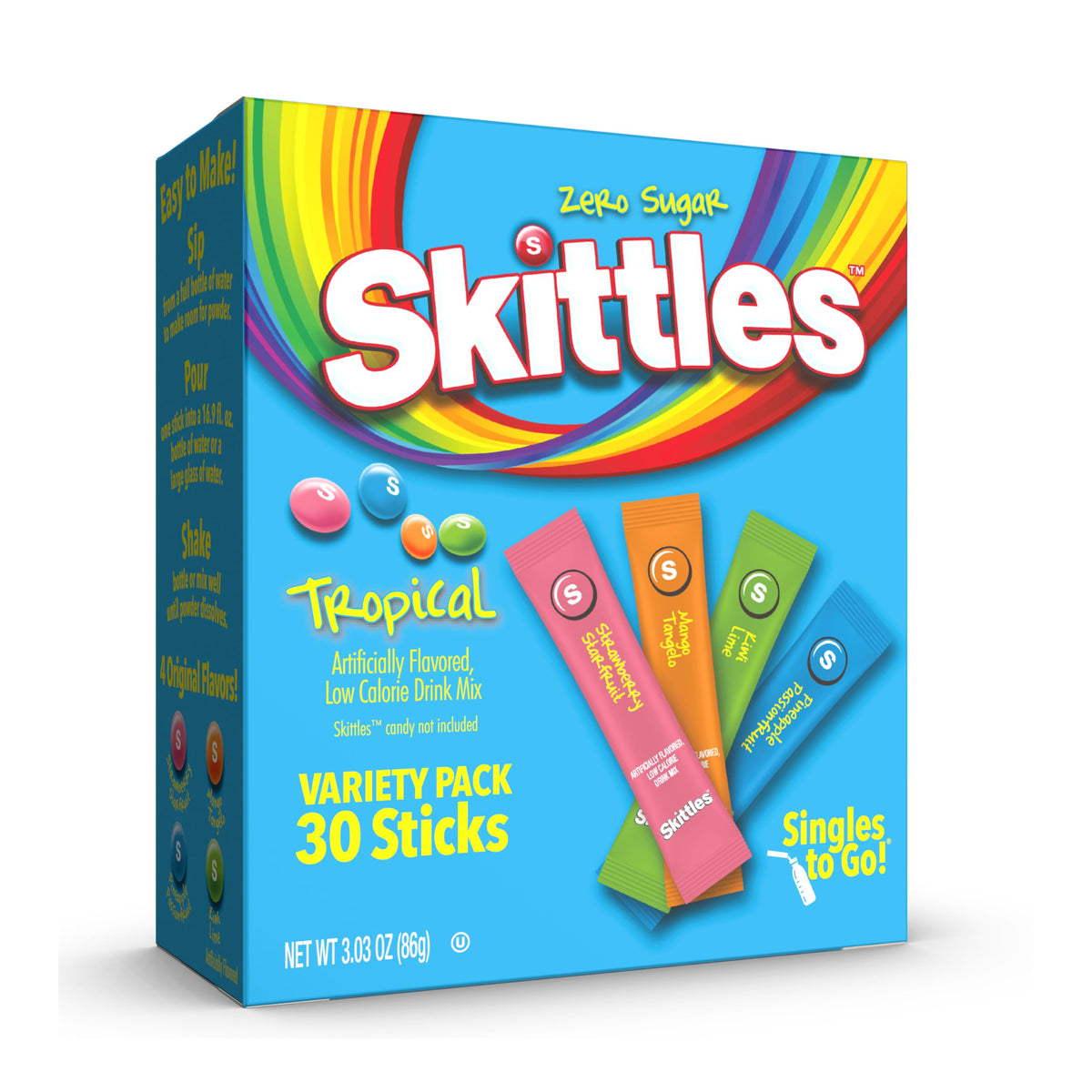 SINGLES TO GO! Skittles Zero Sugar Drink Mix – Mess Free Powdered Water Flavoring for Car Cup Holders and Road Trips