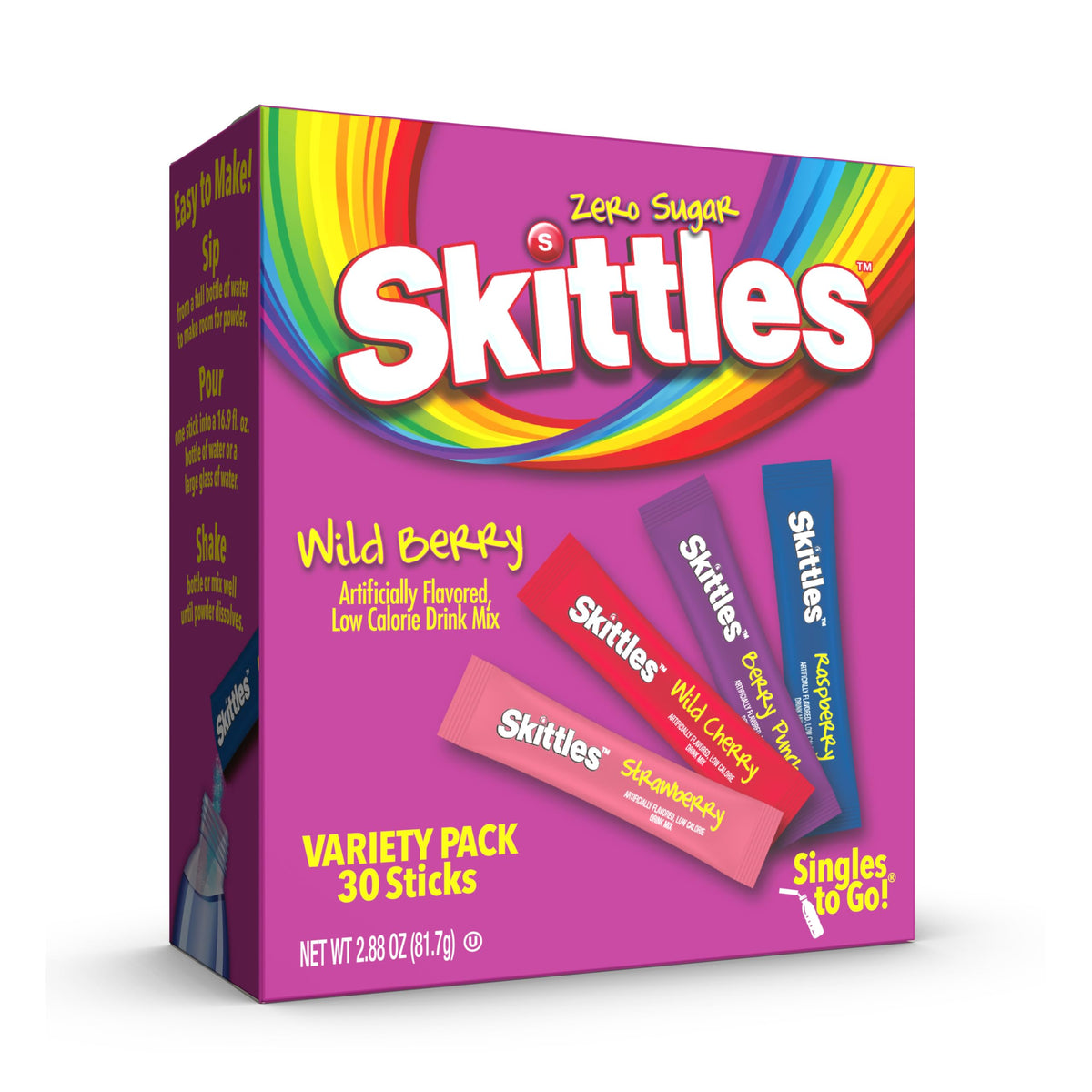 SINGLES TO GO! Skittles Zero Sugar Drink Mix – Mess Free Powdered Water Flavoring for Car Cup Holders and Road Trips