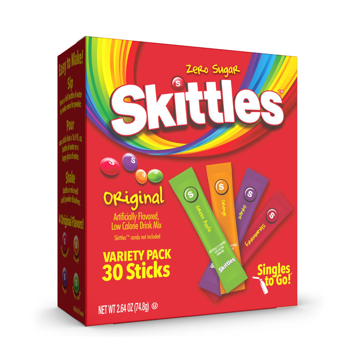SINGLES TO GO! Skittles Zero Sugar Drink Mix – Mess Free Powdered Water Flavoring for Car Cup Holders and Road Trips