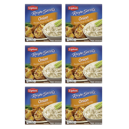 six individually portioned 2 oz envelopes of dry onion soup and dip mix