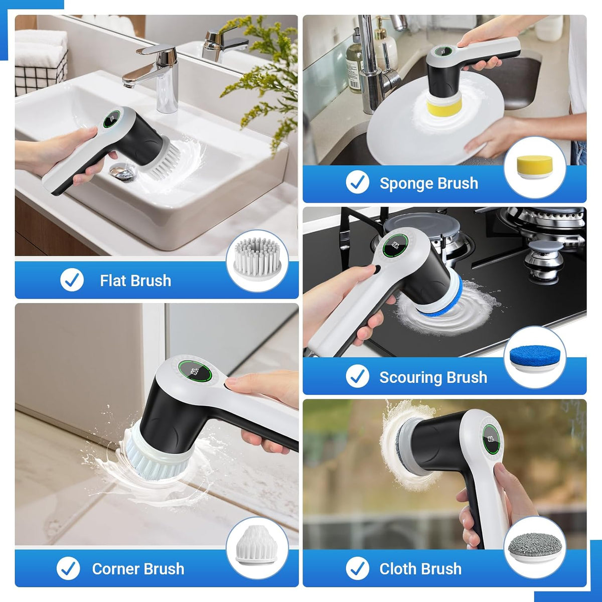 six replaceable brush heads with stable quick-connect attachment to prevent falling off