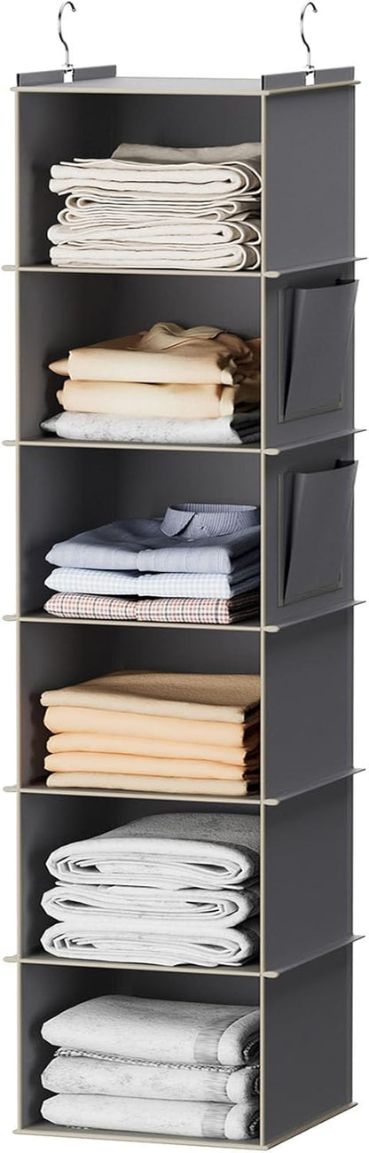 six-tier hanging shelf design with 12" x 12" x 48" footprint and 25 lb capacity