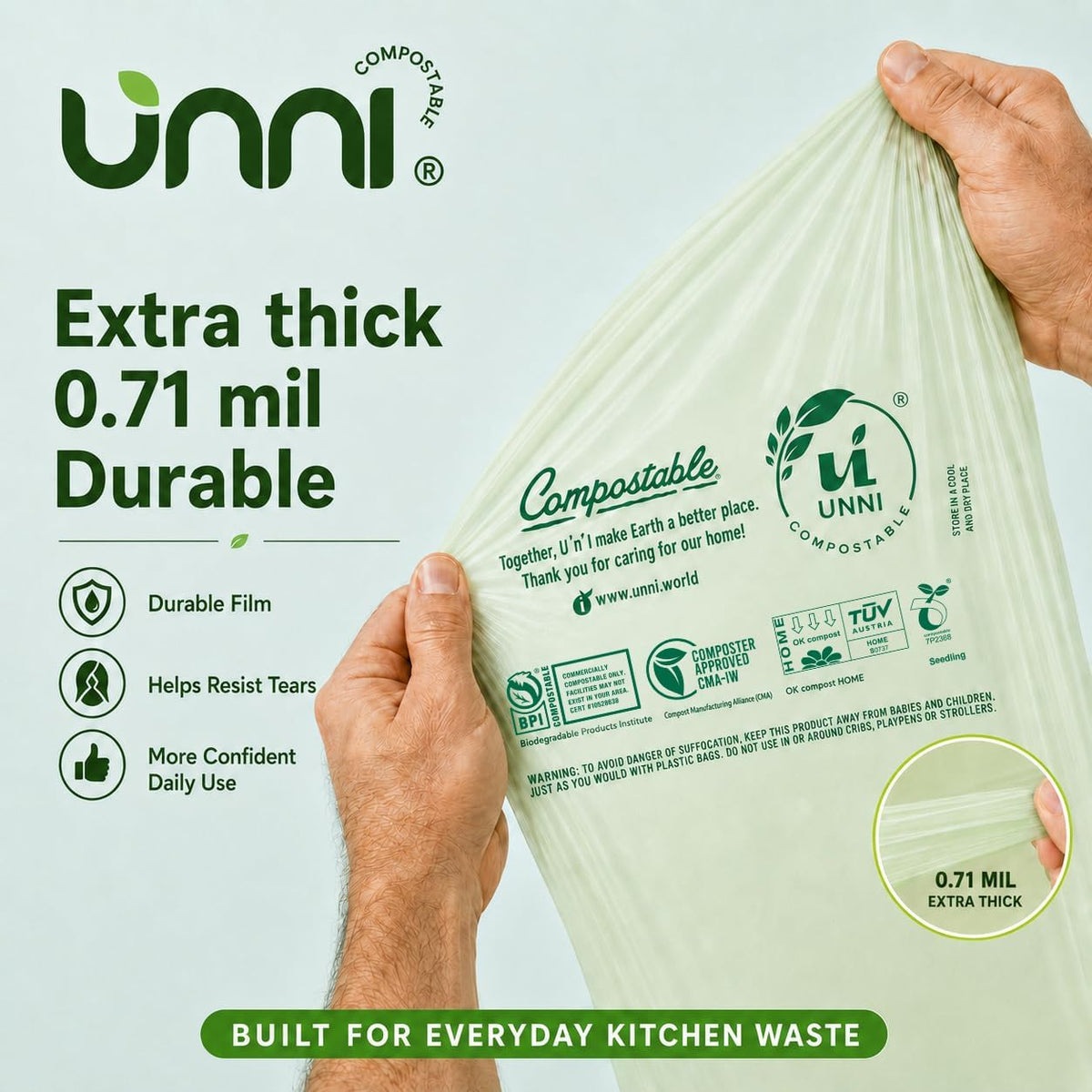 size range spanning 2.6 gal countertop, 3 gal, 4 gal, 8 gal, 13 gal, 23 gal, 33 gal, up to 55 gal yard bags