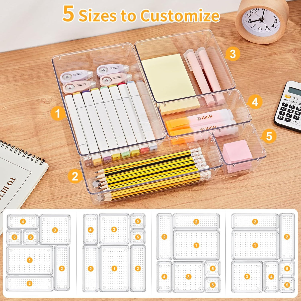 SMARTAKE 13-Piece Drawer Organizers with Non-Slip Silicone Pads, 5-Size Interchangeable Set for a Less-Is-More Decluttered Lifestyle