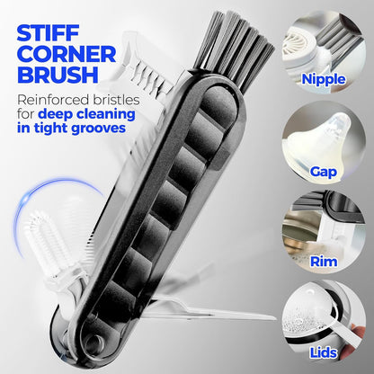 soft black nylon bristles paired with stiff grey bristles for variable scrubbing intensity