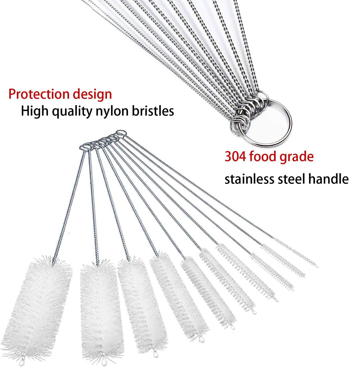 soft, durable nylon bristles suitable for stainless steel, silicone, and glass straws