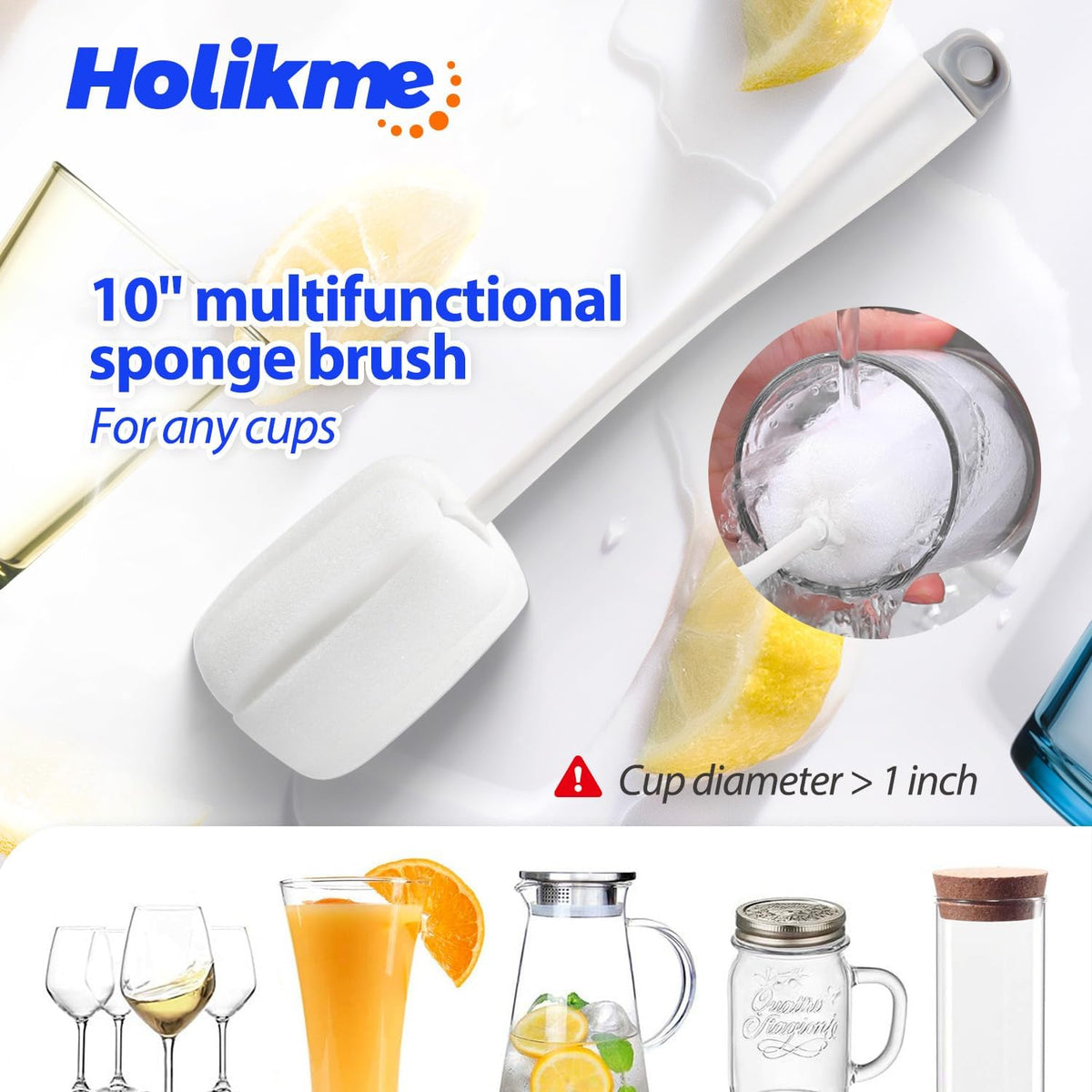soft sponge head on 10-inch brush for delicate glass mugs and wide-neck decanters