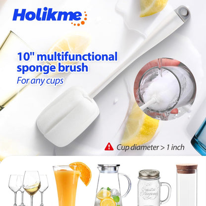 soft sponge head on 10-inch brush for delicate glass mugs and wide-neck decanters