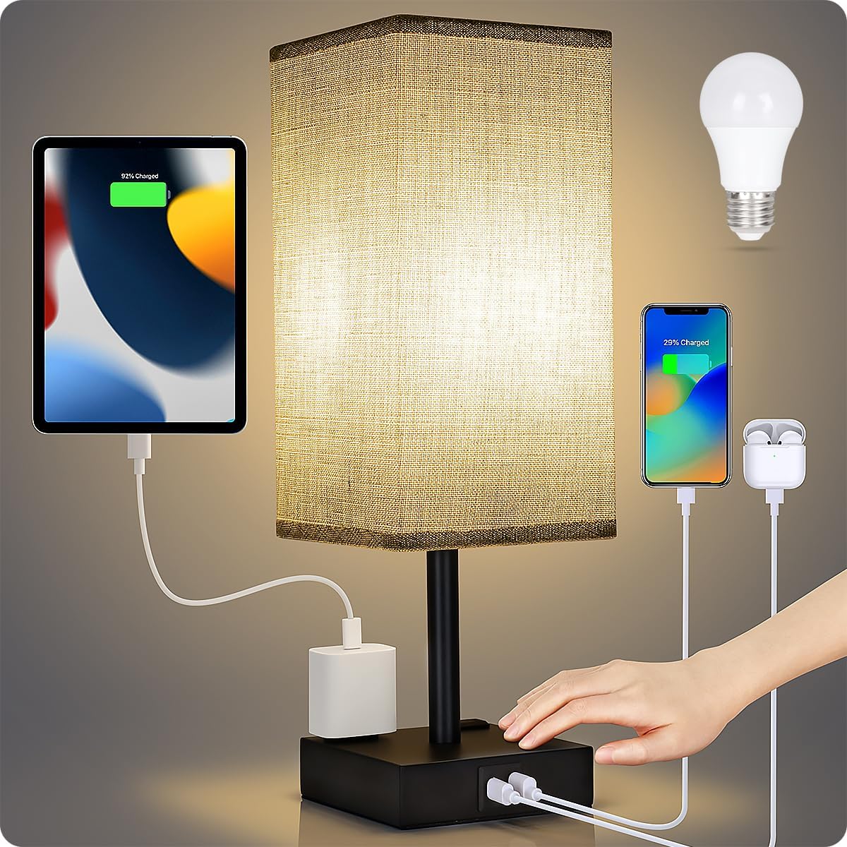 Soilsiu Compact Bedside Work Lamp with Built-In Outlets, Charge-Friendly Light for Remote Workers