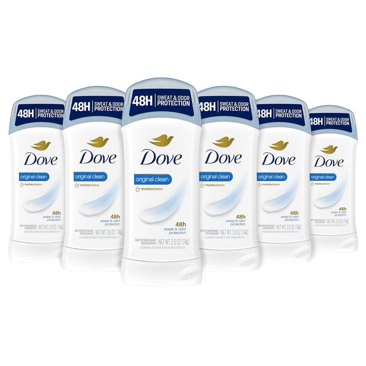 solid antiperspirant stick in 2.6 oz size offered in 2, 3, and 6-pack configurations