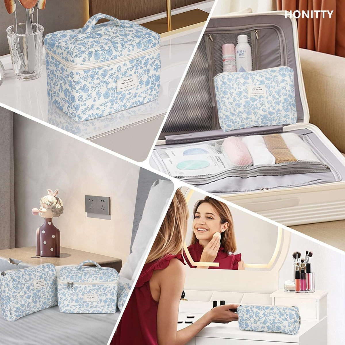 Solid Floral Makeup Bag Trio – Intentional Bathroom Counter Organizer, Foldable Cotton Pouch