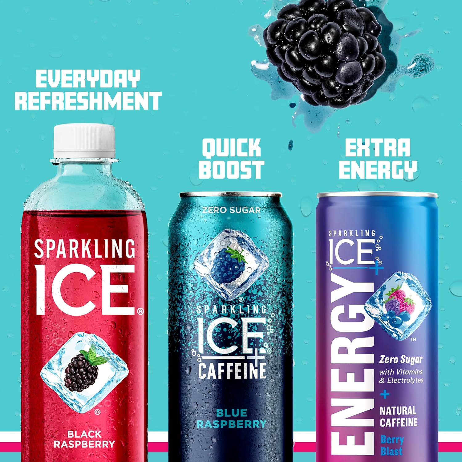 Sparkling Ice Caffeine Black Raspberry Sparkling Water Birthday Gift for Mom, Sugar Free Sparkling Water with Vitamins and Antioxidants