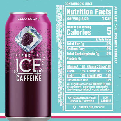 Sparkling Ice Caffeine Black Raspberry Sparkling Water Birthday Gift for Mom, Sugar Free Sparkling Water with Vitamins and Antioxidants