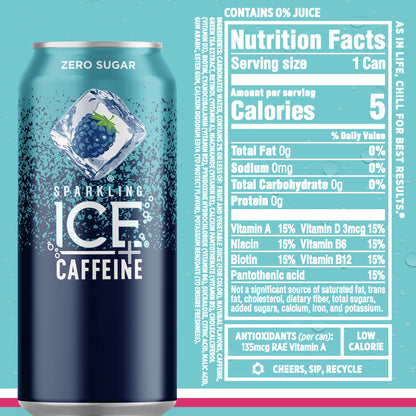 Sparkling Ice Caffeine Black Raspberry Sparkling Water for Clean Caffeine Routines, Antioxidant Sparkling Water with 70mg Caffeine
