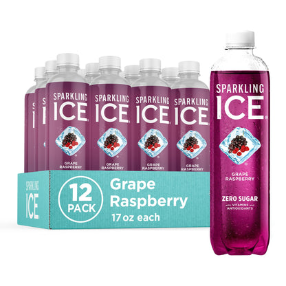 Sparkling Ice, Grape Raspberry Sparkling Water, Zero Sugar Flavored Water, with Vitamins and Antioxidants, Low Calorie Beverage, 17 fl oz Bottles (Pack of 12)