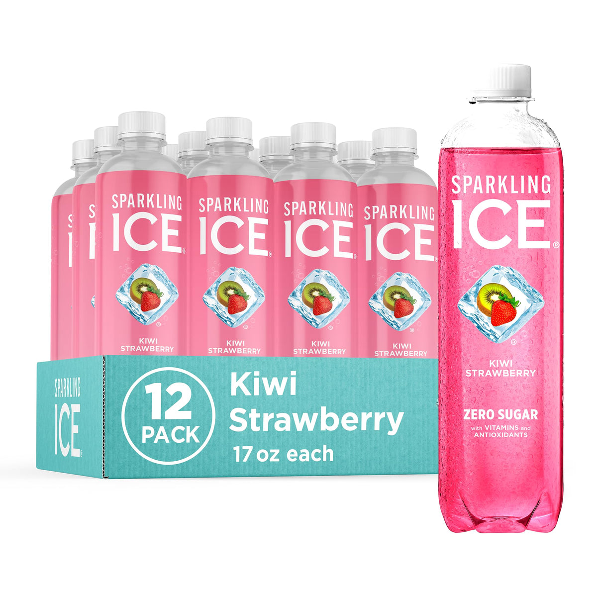 Sparkling Ice, Kiwi Strawberry Sparkling Water, Zero Sugar Flavored Water, with Antioxidants and Vitamins, Zero Sugar, 17 fl oz Bottles (Pack of 12)