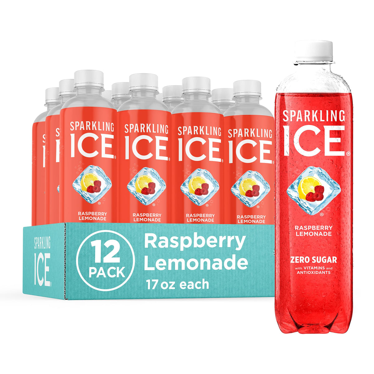 Sparkling Ice, Raspberry Lemonade Sparkling Water, Zero Sugar Flavored Water, with Vitamins and Antioxidants, Low Calorie Beverage, 17 fl oz Bottles (Pack of 12)