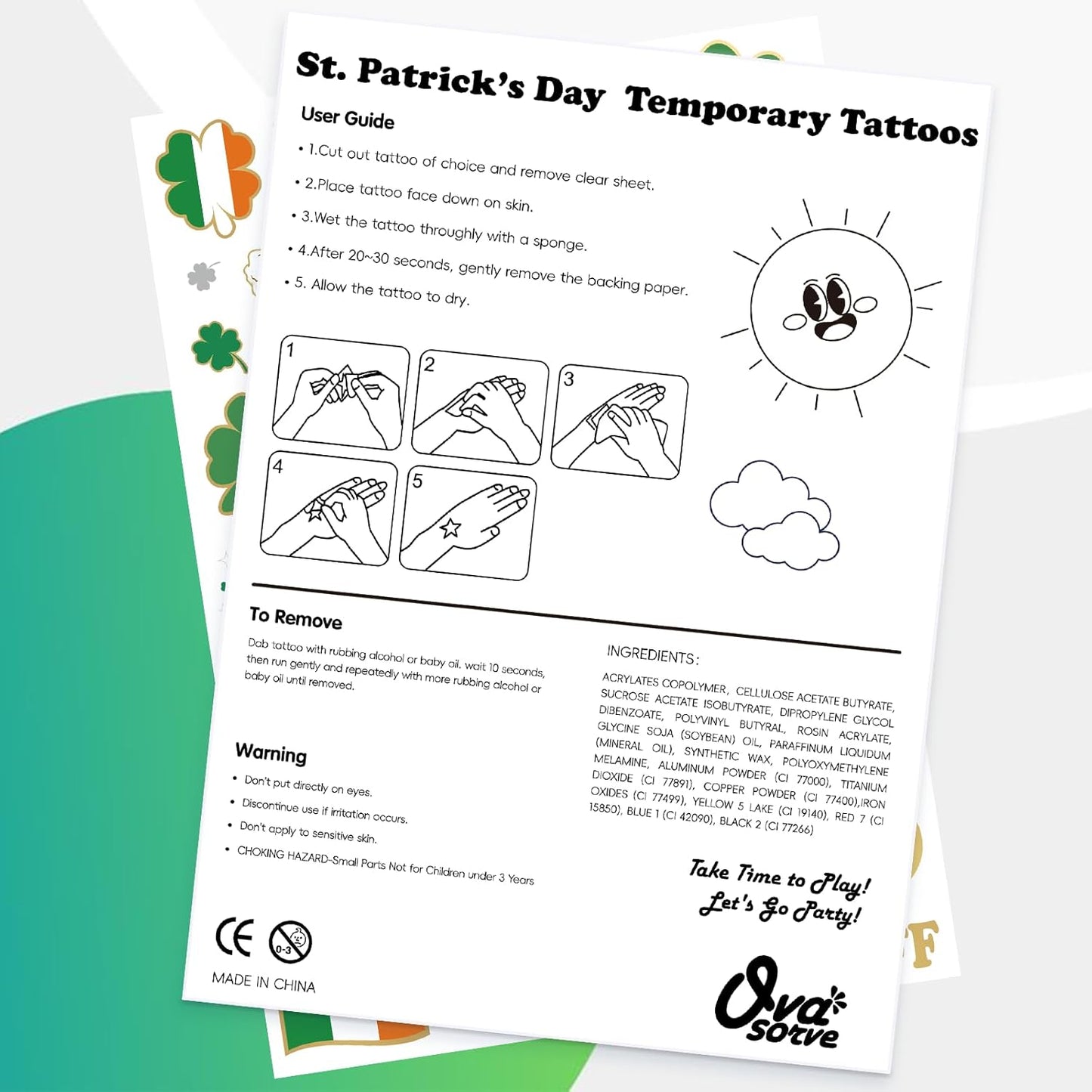 St Patricks Day Kids Tattoo Pack – 56 Washable Shamrock and Rainbow Face Stickers, Non-Toxic St Patty's Day Party Favors