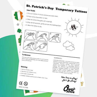 St Patricks Day Kids Tattoo Pack – 56 Washable Shamrock and Rainbow Face Stickers, Non-Toxic St Patty's Day Party Favors
