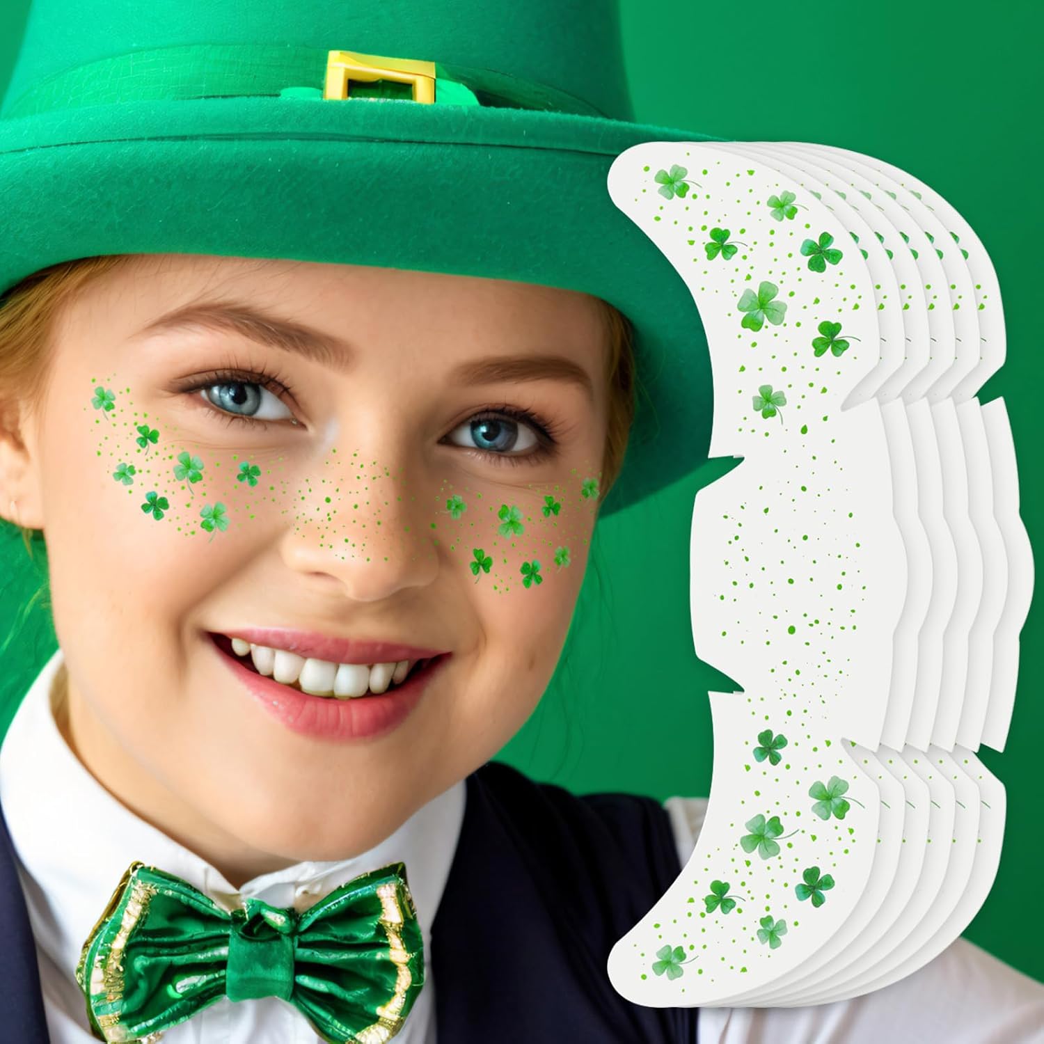 St Patty's Day Green Face Tattoos for Girls – Hypoallergenic Peel and Stick Shamrock Decals Safe for Sensitive Kids Skin, 6 Pack Set
