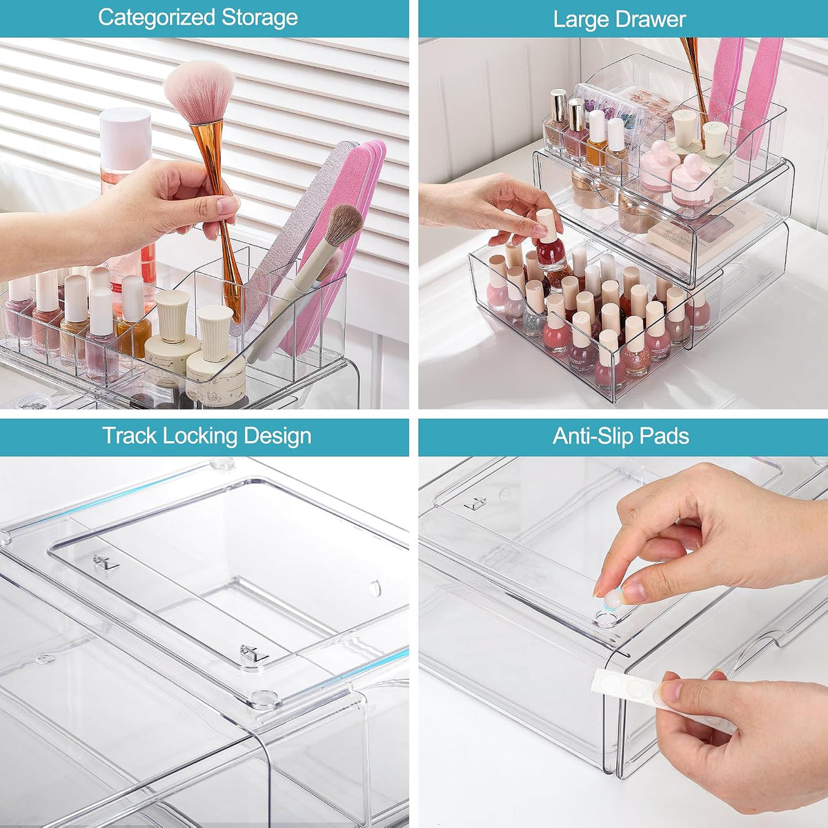 stackable modular design with dimensions of 6.9"d x 9.4"w x 9"h for the 3-tier