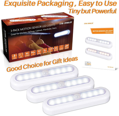 STAR-SPANGLED 3 Pack Motion Activated LED Light Battery Operated – High CRI Soft Glow for Pantry, Entryway, and Reading Nook Decor