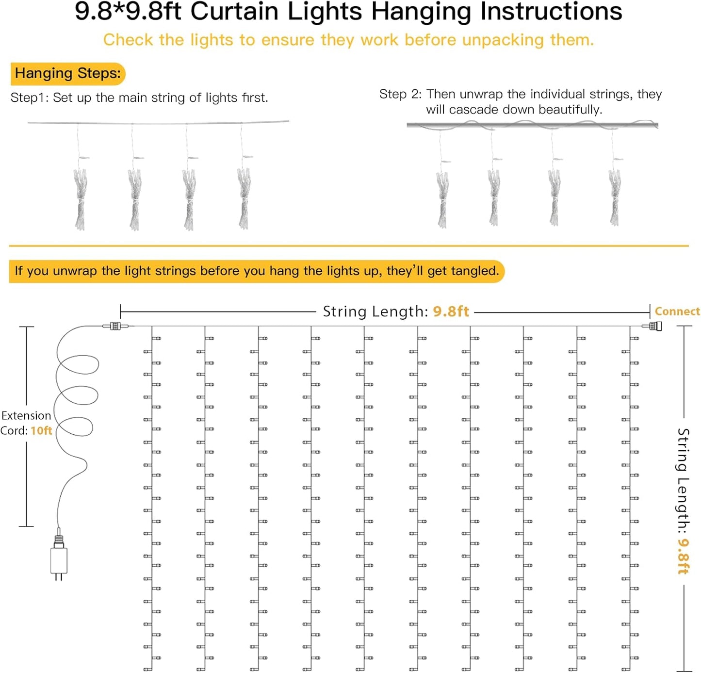 suddus LED Curtain Lights for Home – 9.8x9.8ft 300 LEDs with 8 Modes and 6H Timer, Warm White Backdrop for Window, Wall, and Canopy Styling