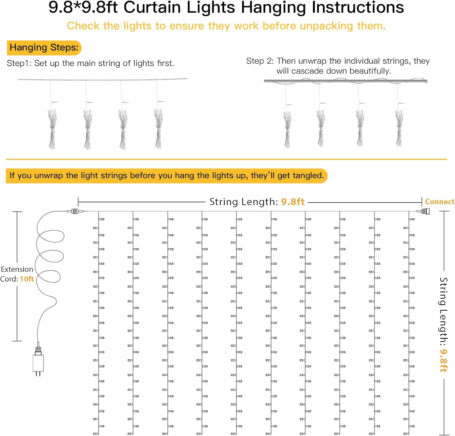 suddus LED Curtain Lights for Home – 9.8x9.8ft 300 LEDs with 8 Modes and 6H Timer, Warm White Backdrop for Window, Wall, and Canopy Styling