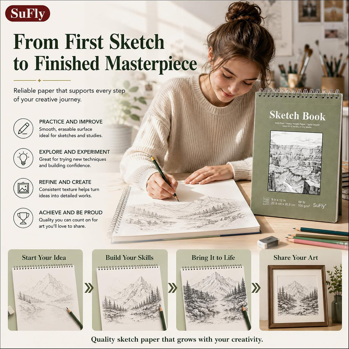 SuFly Acid-Free Sketch Book 9x12, Long-Lasting Paper Pad for Term-Long School Art Projects