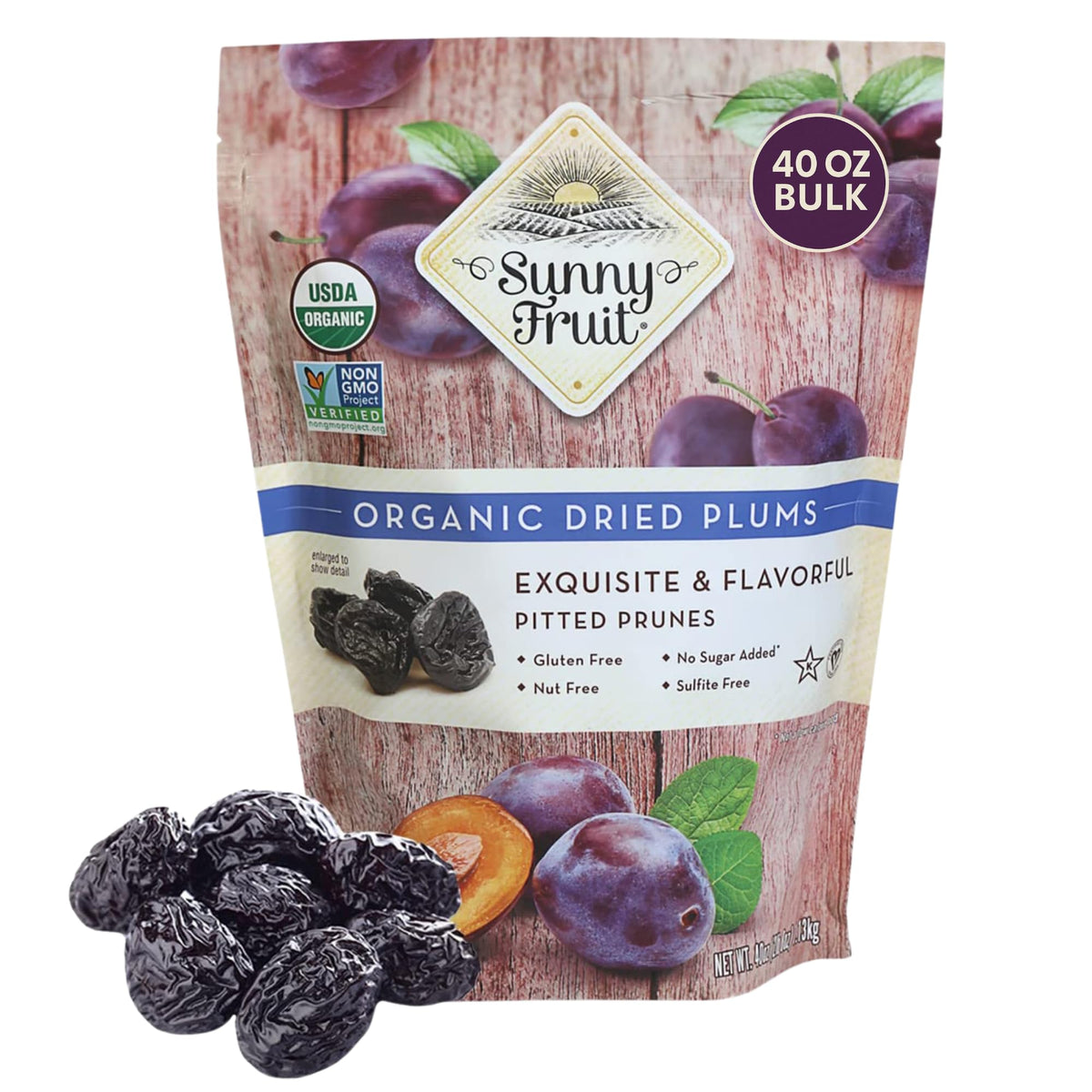 Sunny Fruit Soft Organic Pitted Prunes, 2.5 Pound Bulk Bag | No Preservatives, No Sugar Added | Healthy, Naturally Sweet Dried Plums | High Fiber Dried Fruit | ORGANIC, NON-GMO, VEGAN, HALAL, KOSHER