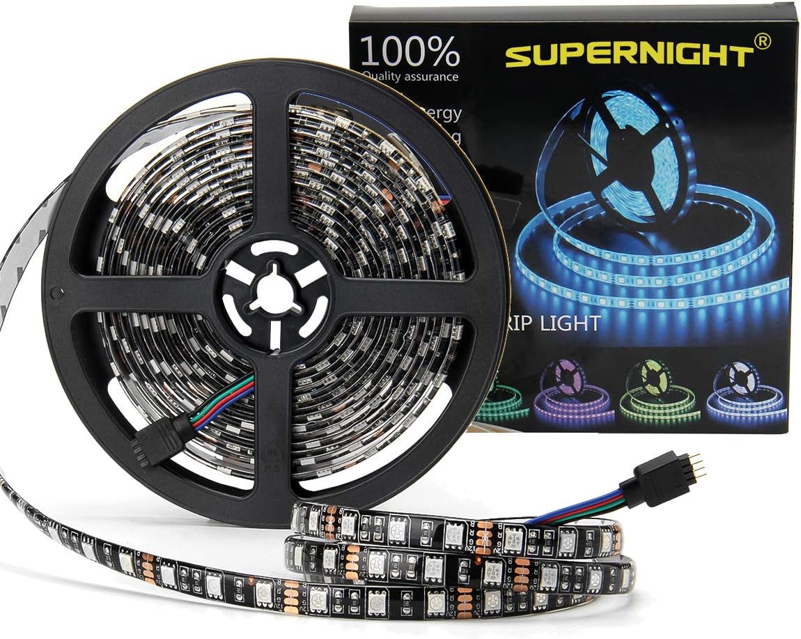 SUPERNIGHT 5050 RGB LED Strip – 16.4ft Decorative Cove Lighting for Black Furniture and Entertainment Centers