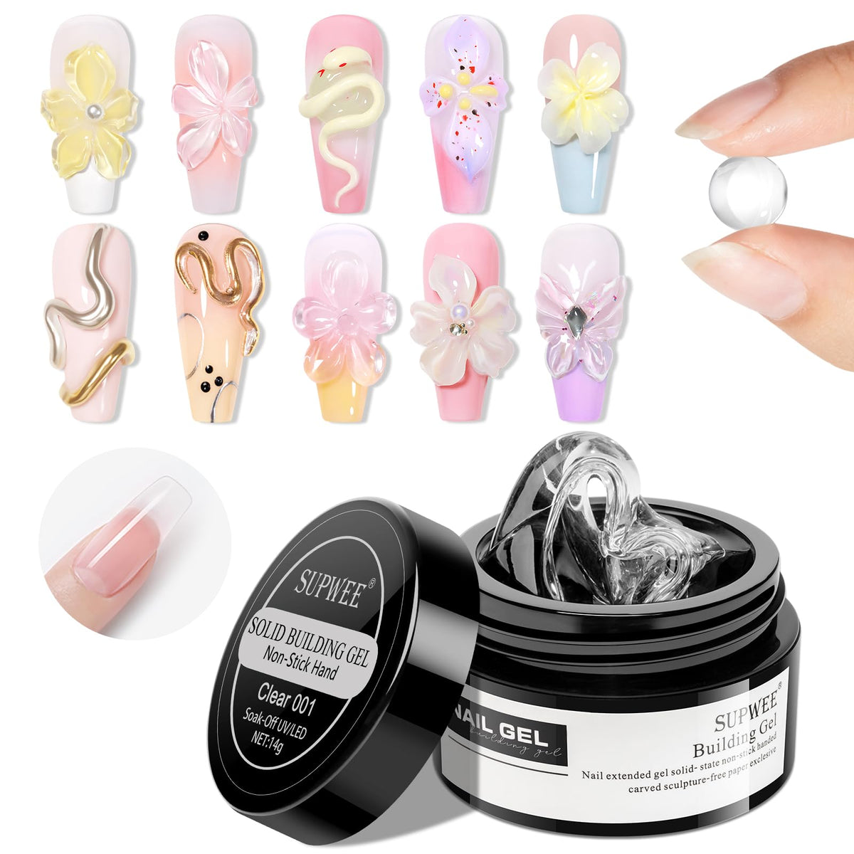 SUPWEE Solid Builder Gel for Nails - 3D Nail Art Gel Clear Non-Stick Hand for Carving Molding Patterns Decoration Extend for Manicure DIY at Home 14g(0.49fl oz)