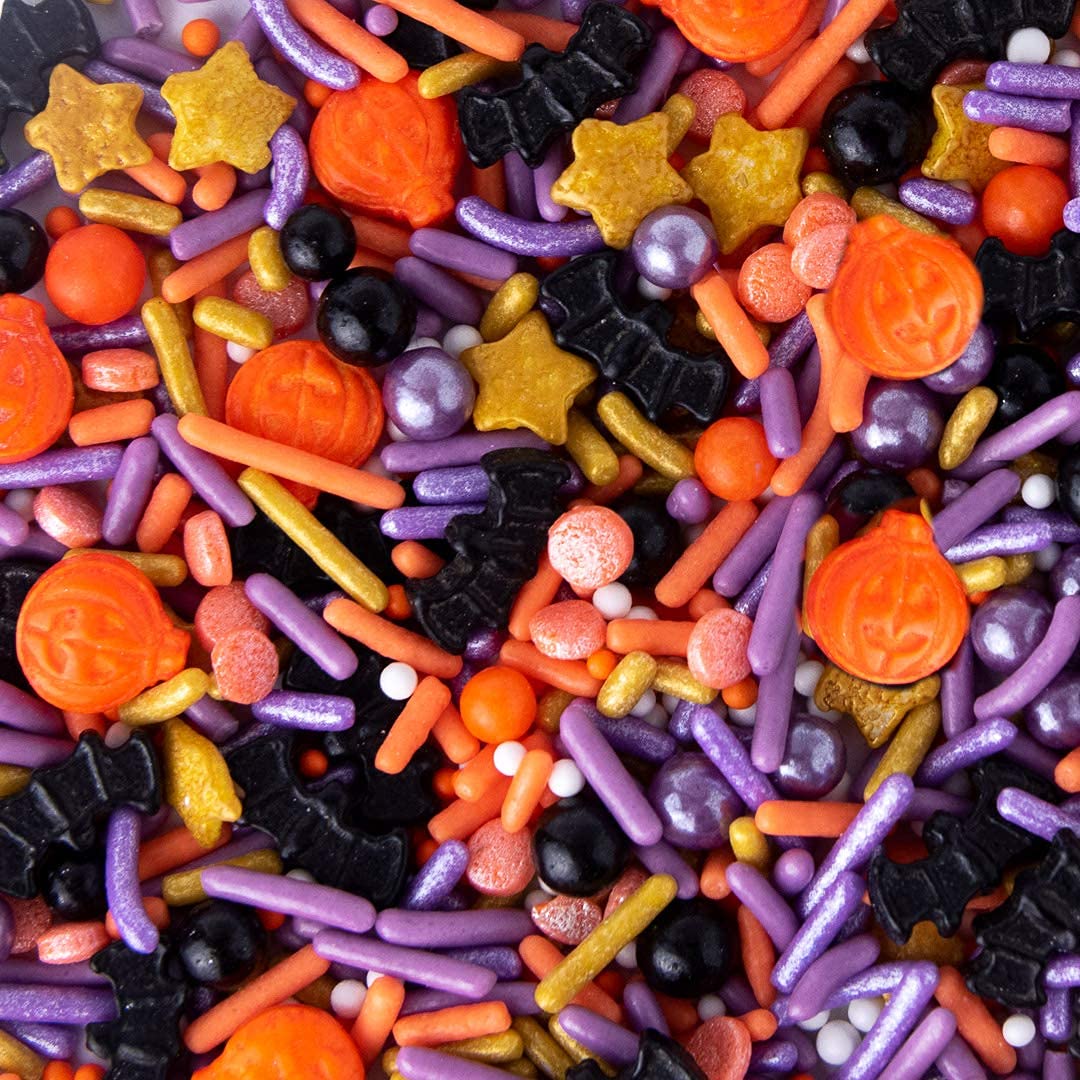 Sweets Indeed Sprinklefetti Halloween Mix – Orange, Black, Purple & Gold Decorating Jar for Festive Platters