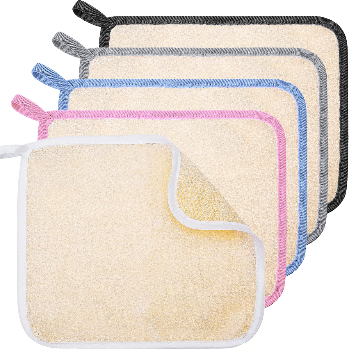 Tatuo 5 Pcs Exfoliating Face and Body Wash Cloths Towel Weave Bath Exfoliating Scrub Massage Bath Cloth for Women and Men, 10.63 x 9.05 Inch (White, Pink, Blue, Gray, Black Edge)