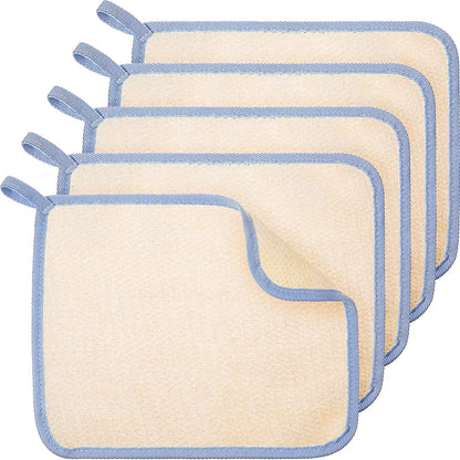 Tatuo 5 Pcs Exfoliating Face and Body Wash Cloths Towel Weave Bath Exfoliating Scrub Massage Bath Cloth for Women and Men, 10.63 x 9.05 Inch(Blue Edge)
