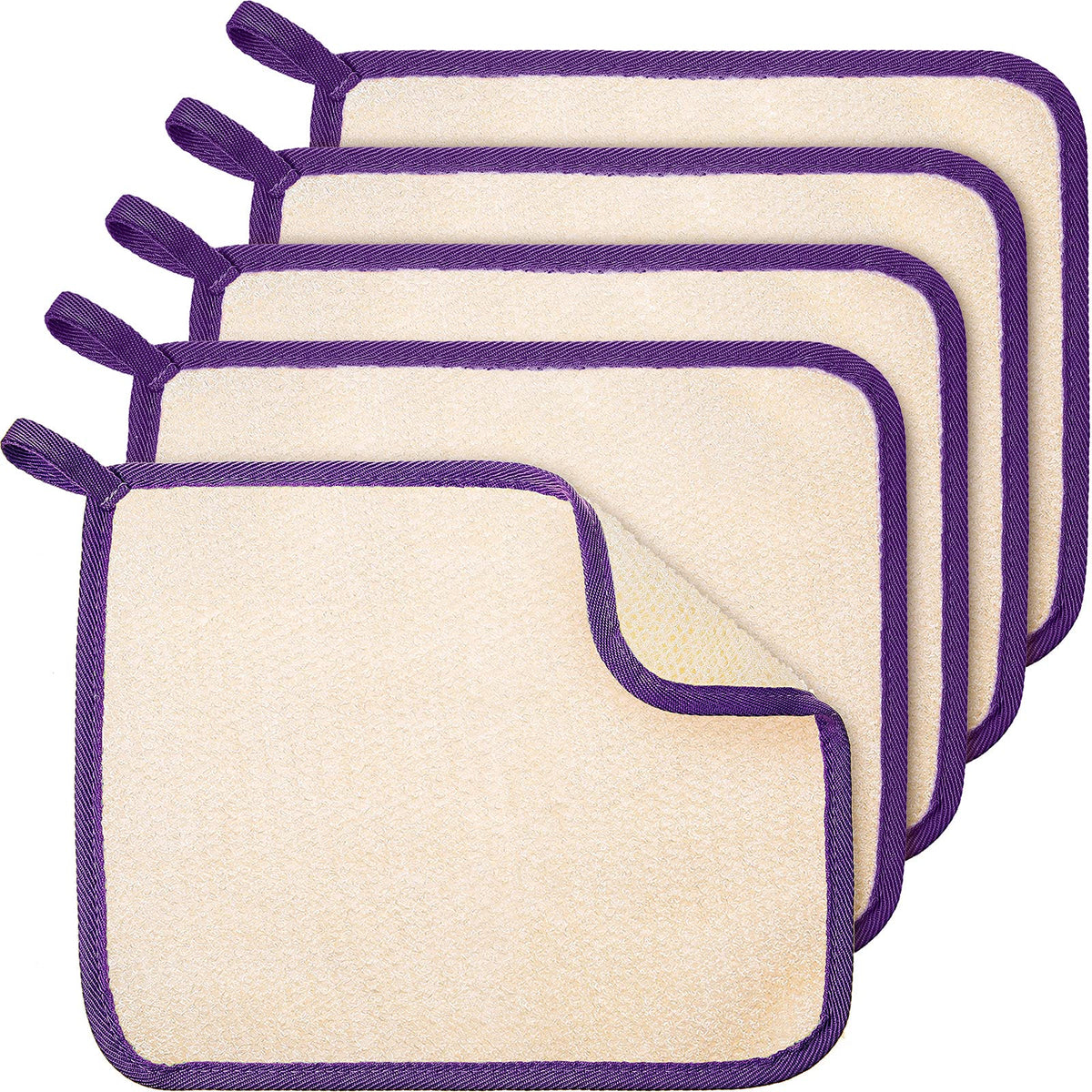 Tatuo 5 Pcs Exfoliating Face and Body Wash Cloths Towel Weave Bath Exfoliating Scrub Massage Bath Cloth for Women and Men, 10.63 x 9.05 Inch (Purple Edge)