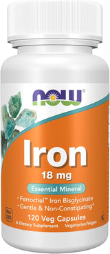 NOW Foods Iron 18 mg Non-Constipating Iron – Trusted GMP-Tested Supplement for Shared Homes, 120 Vegan Capsules
