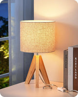 EDISHINE Compact Linen Shade Lamp – Simple Wooden Tripod Lamp for Uncluttered Bedrooms