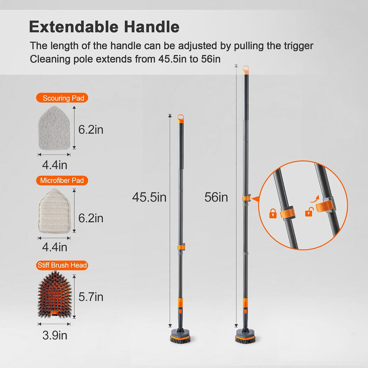 telescopic handle adjustable from 45 inches to 56 inches
