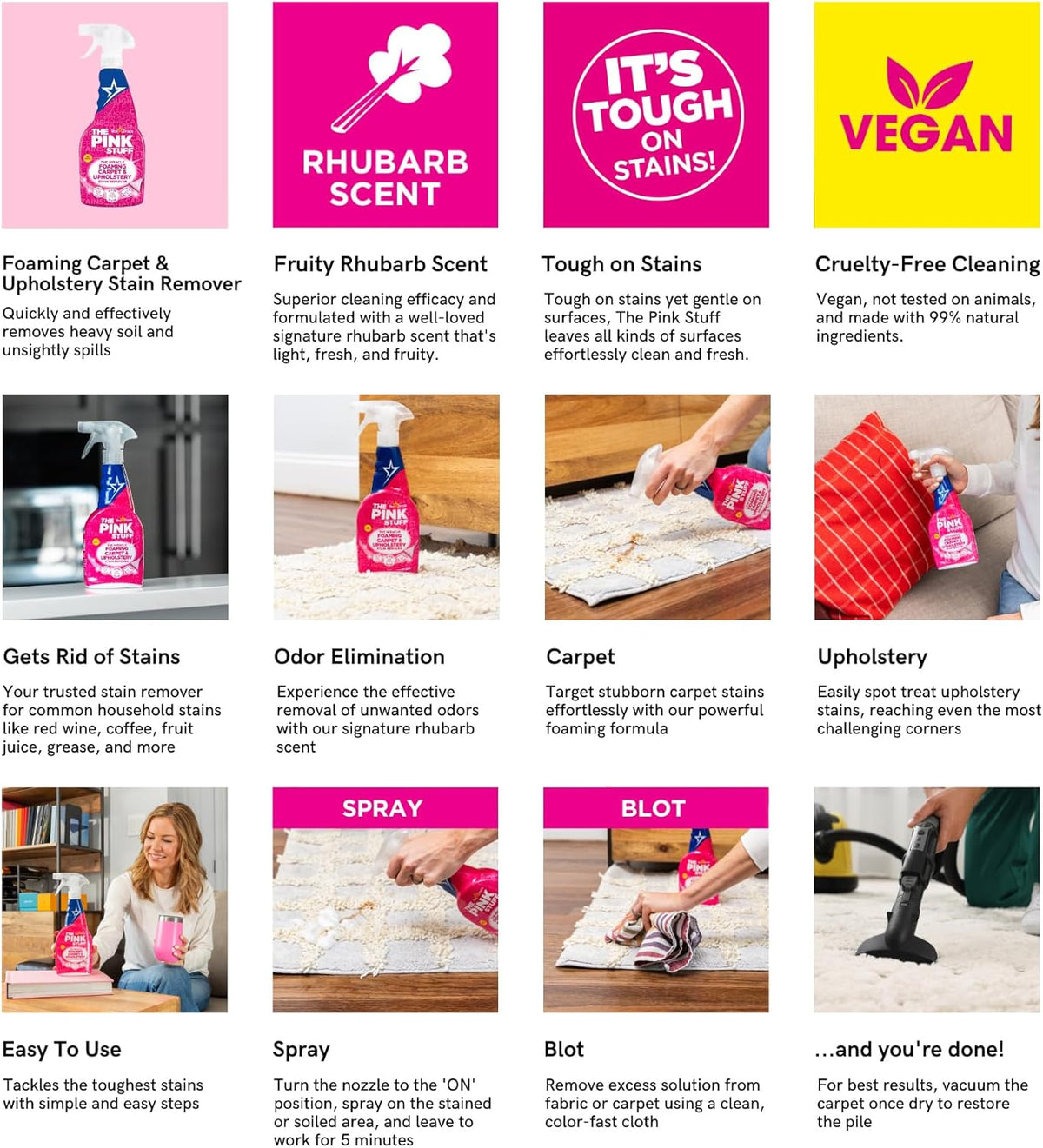 The Pink Stuff Miracle Foaming Carpet & Upholstery Stain Remover for Kids' Room Juice Stains, Rhubarb-Scented Deep Foam