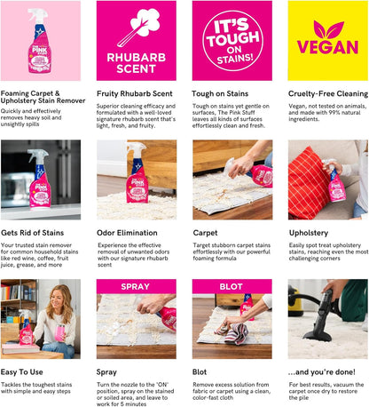 The Pink Stuff Miracle Foaming Carpet & Upholstery Stain Remover for Kids' Room Juice Stains, Rhubarb-Scented Deep Foam