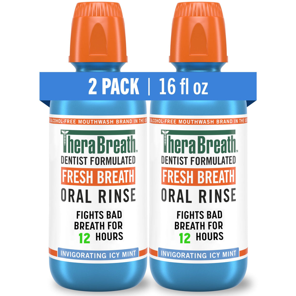 TheraBreath Fresh Breath Mouthwash, Icy Mint Flavor, Alcohol-Free, 16 Fl Oz (Pack of 2)